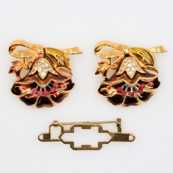 1939 CORO Blue Enameled Rhinestone Single DUETTE Dress Clip  Vintage Coro Enamel and Rhinestone Flower Duette Brooch Dress Clips Set 1940s